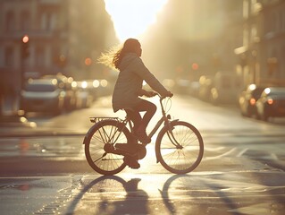 A cyclist rides through a city street during golden hour, with sunlight illuminating the pathway and glistening on the wet pavement