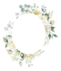 Watercolor floral wreath. Round border - white flowers and green eucalyptus leaves illustration isolated on transparent background. Creamy roses frame, wedding florals