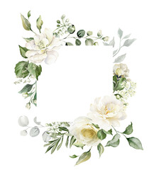 Watercolor floral border - white flowers and green eucalyptus leaves illustration isolated on transparent background. Square frame, wedding template