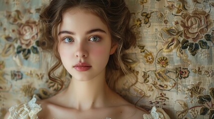 Young woman poses gracefully on floral fabric indoors in soft natural light