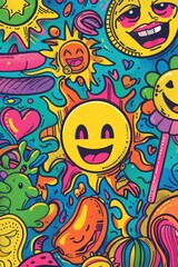 Obraz premium A collection of colorful cartoon characters on a blue background, great for kids' parties or creative projects