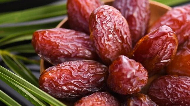 Dates fruit. Date fruits with palm tree leaf, in a wooden bowl, on black background. Medjool dates close up. Slow motion. 