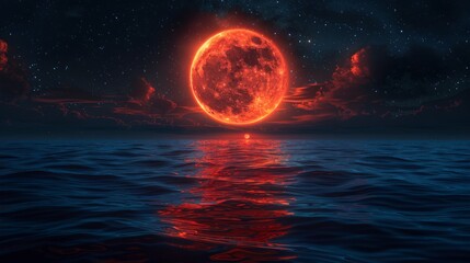 Stunning red moon over calm ocean waters at night with shimmering reflections