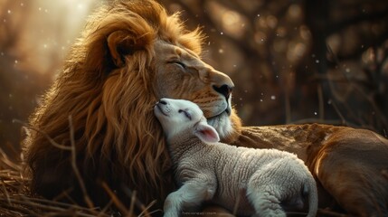 Lion and lamb share a tender moment in a sunlit forest pasture during golden hour
