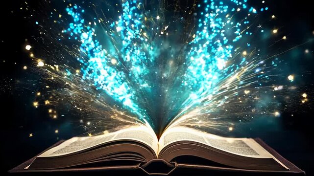 Open antique book on wooden table with magic lights, glitter blurred overlay	
