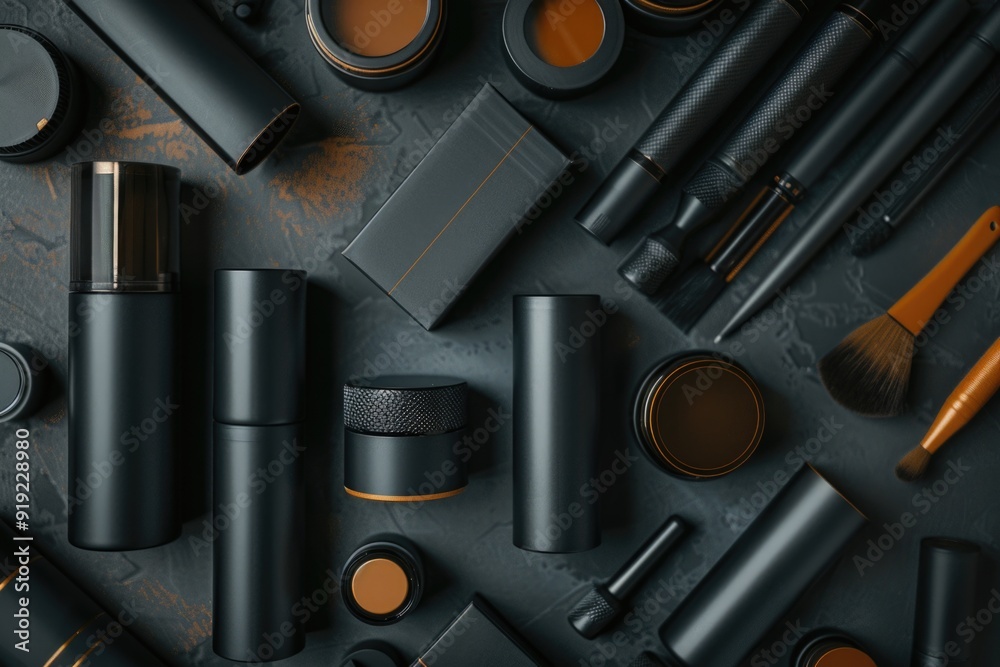 Poster a collection of various cosmetics arranged neatly on a table, ideal for use in beauty and makeup adv