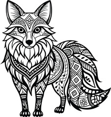 Fototapeta premium Tribal Fox Outline Art with Boho Patterns, Black and White High Detail, Thin Line Maximalist Design