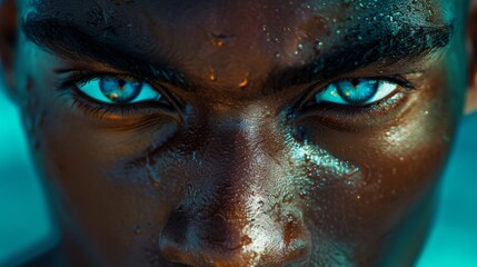 Naklejka premium Close-up portrait of a person with striking blue eyes against a vibrant background