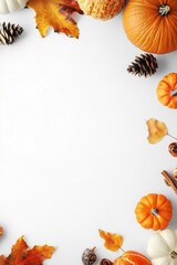 Fototapeta premium A clean, minimalist autumn background featuring pumpkins, pinecones, and autumn leaves arranged around the edges, leaving ample white copy space in the center.
