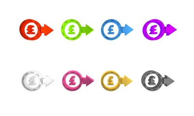 Colorful Coin money with pound sterling symbol icon isolated on white background. Banking currency sign. Cash symbol. Minimalism concept. 3D render illustration