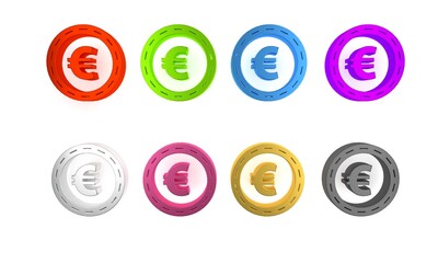 Colorful Coin money with euro symbol icon isolated on white background. Banking currency sign. Cash symbol. Minimalism concept. 3D render illustration