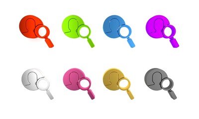 Colorful Magnifying glass for search a people icon isolated on white background. Recruitment or selection concept. Search for employees and job. Minimalism concept. 3D render illustration