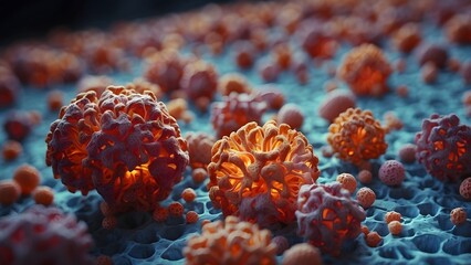 Fototapeta premium A 3D rendered illustration of a hepatitis C virus, stunning close-up, dynamic round vibrant shaped viruses, floating on a blurred modern background, hepatitis day, liver day, heart day, health day