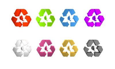 Colorful Recycle symbol and leaf icon isolated on white background. Environment recyclable go green. Minimalism concept. 3D render illustration