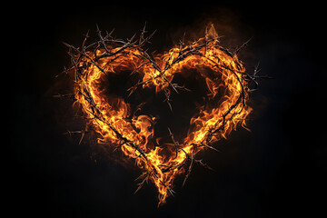Fototapeta premium Burning heart with thorns on a dramatic black background