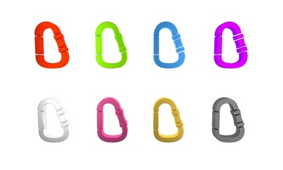 Colorful Carabiner icon isolated on white background. Extreme sport. Sport equipment. Minimalism concept. 3D render illustration