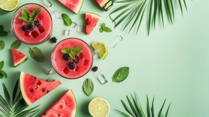 A glass of juice and fresh sweet ripe watermelon slices with plain background