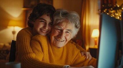 Fototapeta premium Joyful Granddaughter Hugging Her Happy Grandmother While Using a Computer at Home