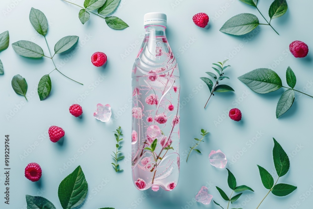 Poster a water bottle sitting on a table, ideal for use in still life photography or as a prop in various s