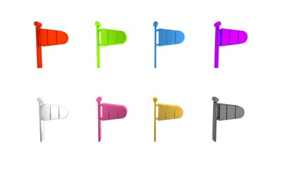 Colorful Cone meteorology windsock wind vane icon isolated on white background. Windsock indicate the direction and strength of the wind. Minimalism concept. 3D render illustration
