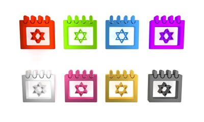 Colorful Jewish calendar with star of david icon isolated on white background. Hanukkah calendar day. Minimalism concept. 3D render illustration