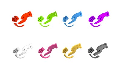 Colorful Human hand throwing game dice icon isolated on white background. Minimalism concept. 3D render illustration