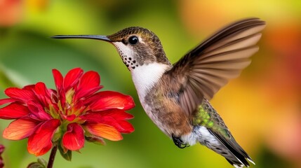 A close-up of a hummingbird hovering near a bright red flower, with its wings a blur and the vibrant colors of the petals in sharp focus