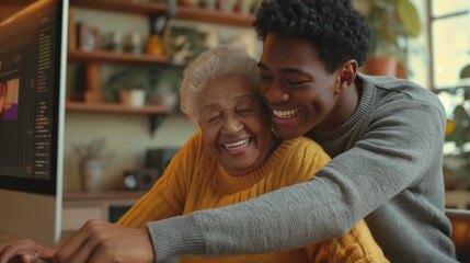 Fototapeta premium Happy Grandson Hugging His Smiling Grandmother While Using a Computer at Home