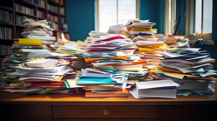 A cluttered desk filled with piles of papers and documents, depicting disorganization and office chaos.