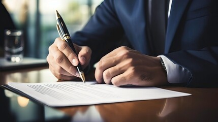 A professional business person signing important documents at a desk, symbolizing finance, contract, and agreement.