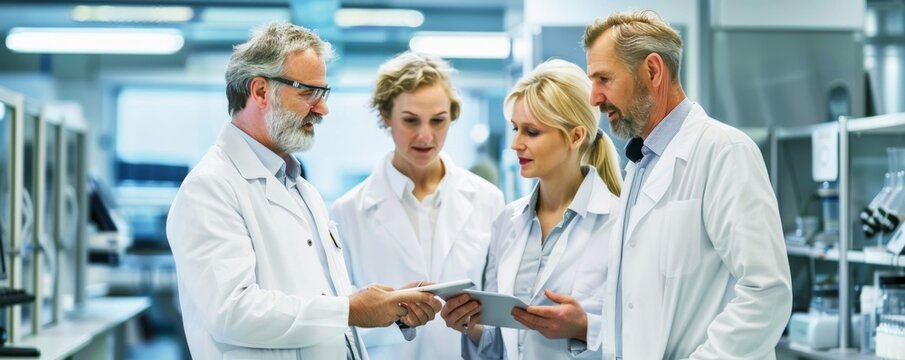 A team of scientists discussing results on a digital tablet in a high-tech laboratory