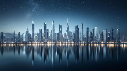 Fototapeta premium A realistic cityscape at night, with skyscrapers lit up and reflections in a river running through the city, under a starry sky
