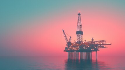 Obraz premium Offshore Oil Rig at Sunset with Pink and Blue Sky