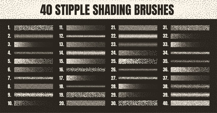 Stipple scatter brush, ink drawing and texturing. Fading gradient. Stippling, dotwork drawing, shading using dots. Halftone disintegration effect. White noise grainy texture. Vector illustration