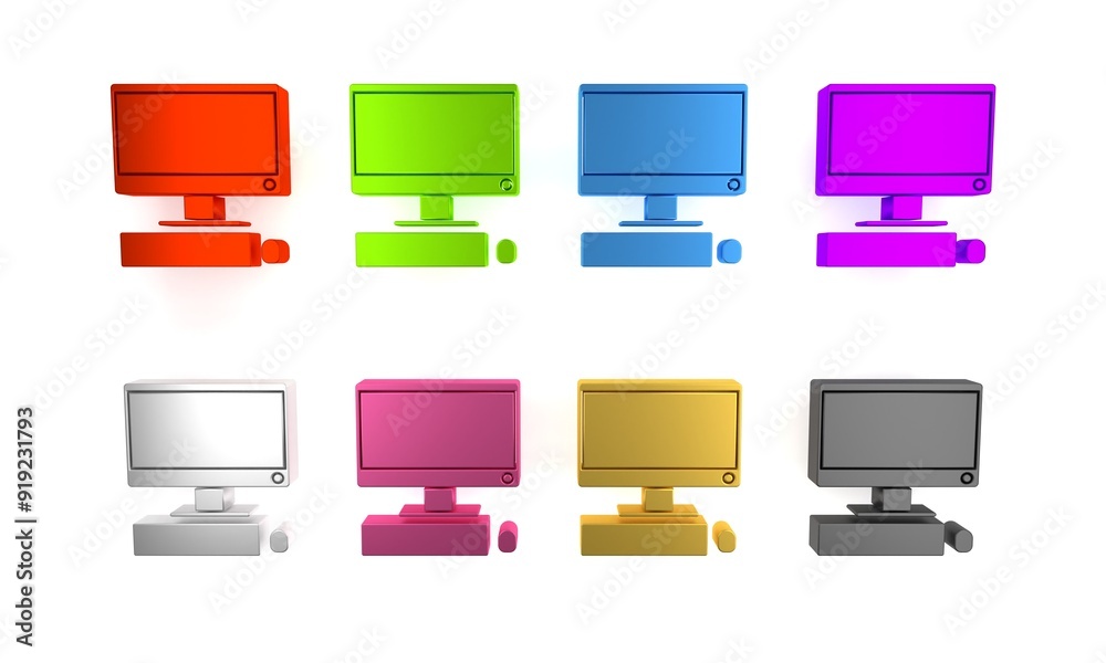 Poster colorful computer monitor with keyboard and mouse icon isolated on white background. pc component si