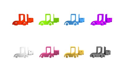 Colorful Forklift truck icon isolated on white background. Fork loader and cardboard box. Cargo delivery, shipping, transportation. Minimalism concept. 3D render illustration