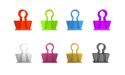 Colorful Binder clip icon isolated on white background. Paper clip. Minimalism concept. 3D render illustration