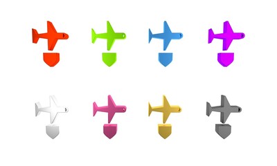 Obraz premium Colorful Plane with shield icon isolated on white background. Flying airplane. Airliner insurance. Security, safety, protection, protect concept. Minimalism concept. 3D render illustration
