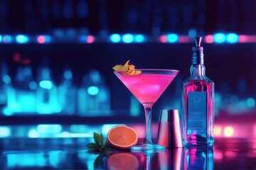 A neon-lit bar counter showcases a vibrant cocktail adorned with a liqueur bottle and fusion garnish, exuding a lively nightlife vibe. 