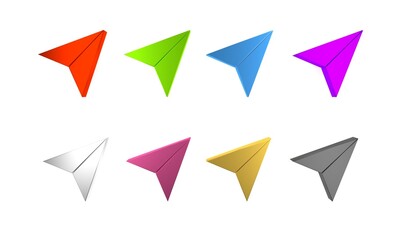 Colorful Paper airplane icon isolated on white background. Minimalism concept. 3D render illustration