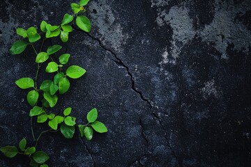 A bright green vine growing through cracks in a dark concrete wall. 
