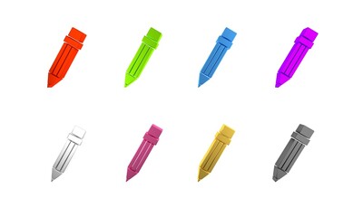 Colorful Pencil with eraser icon isolated on white background. Drawing and educational tools. School office symbol. Minimalism concept. 3D render illustration
