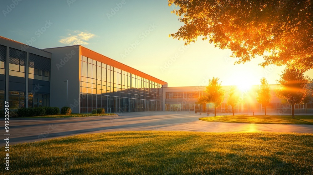 Poster A large building with a large glass window and a tree in front of it