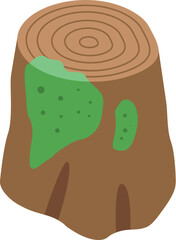 Isometric view of an old tree stump covered with green moss