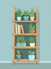 Green Plants on Wooden Shelf Illustration