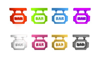 Colorful Street signboard with inscription Bar icon isolated on white background. Suitable for advertisements bar, cafe, pub, restaurant. Minimalism concept. 3D render illustration