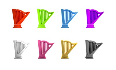 Colorful Harp icon isolated on white background. Classical music instrument, orhestra string acoustic element. Minimalism concept. 3D render illustration