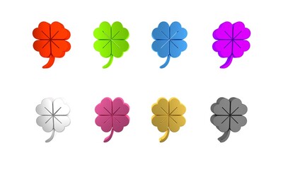 Colorful Four leaf clover icon isolated on white background. Happy Saint Patrick day. Minimalism concept. 3D render illustration