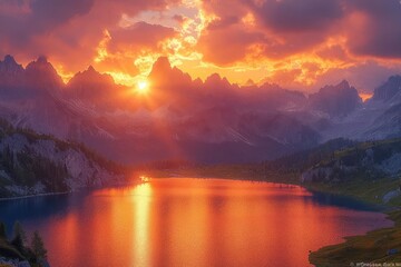 majestic mountain range bathed in the warm glow of a spectacular sunset with dramatic cloud formations and golden light reflecting off alpine lakes