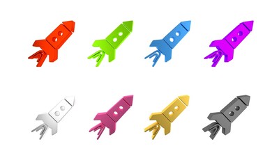 Colorful Rocket ship with fire icon isolated on white background. Space travel. Minimalism concept. 3D render illustration